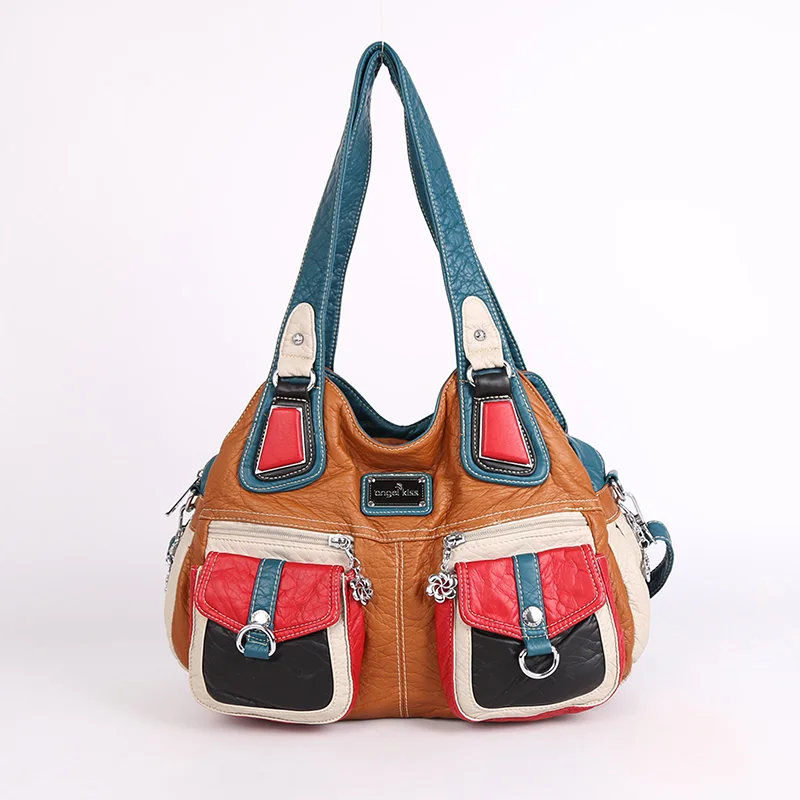 

Hot Selling Patchwork Style Washed PU Leather Handbag High Quality Casual Totes Ladies Handbags Women's Daily Bag