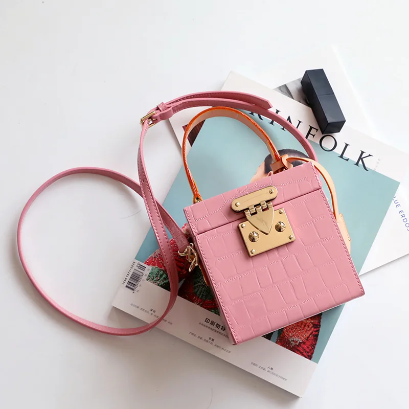 New Mini Hit Color Box Handbag Women Small Square Leather Shoulder Bag Female Candy Color Lock Box Bags - Цвет: pink