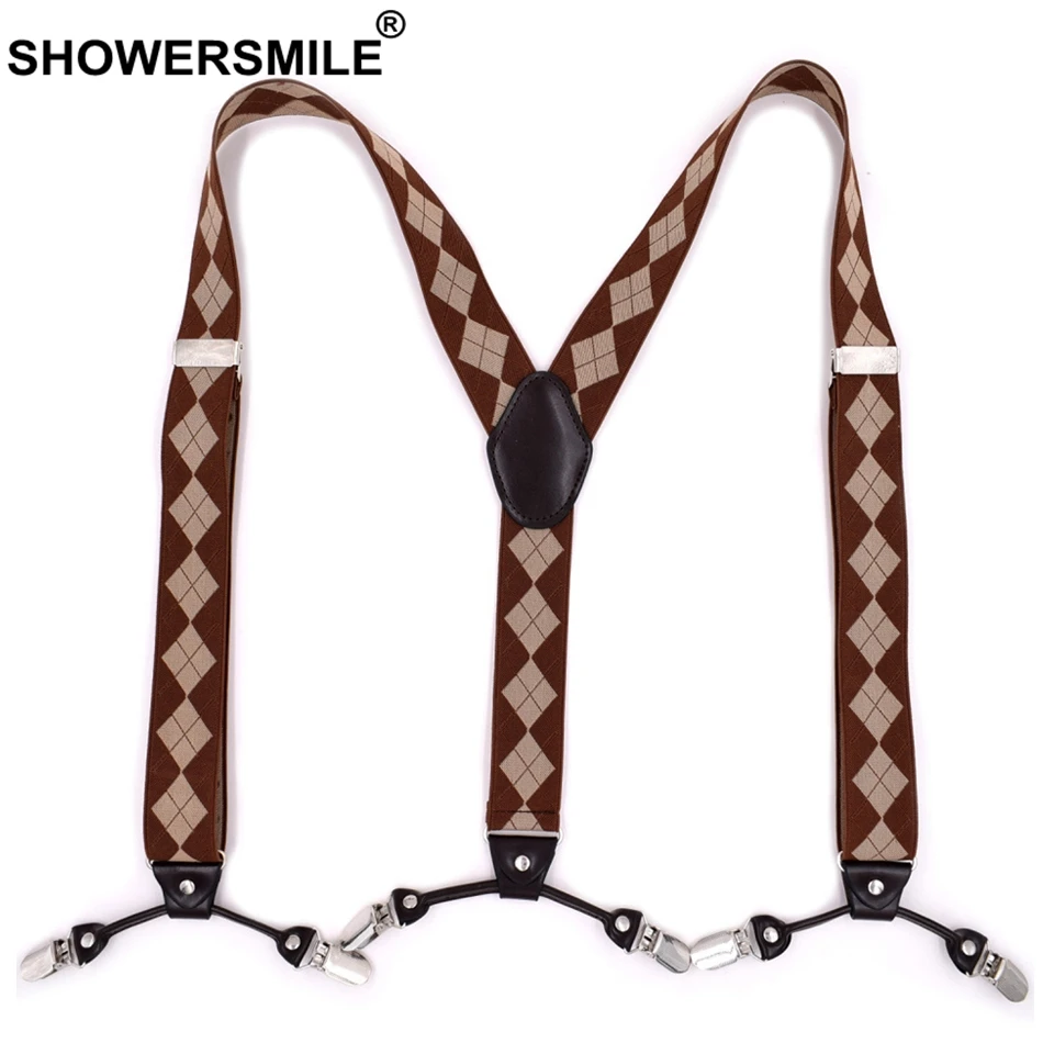 

SHOWERSMILE Suspender Belts Men Plaid 6 Clips Fashion Suspenders Male Plus Size Elastic Y Back Vintage Braces Man Wedding 125cm