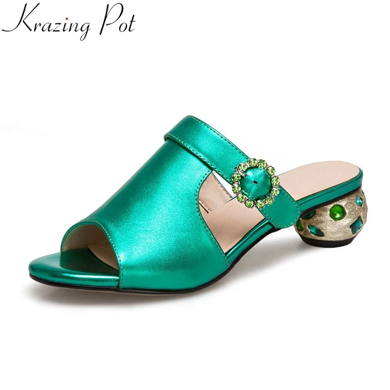 

Krazing Pot 2018 office lady big size genuine leather slingback mules crystal med heels women sandals peep toe runway shoes L58