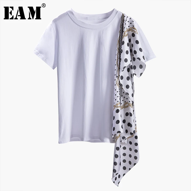 

[EAM] 2019 New Spring Summer Round Neck Short Sleeve Dot Printed Split Joint Irregular Temperament T-shirt Women Fashion JT823
