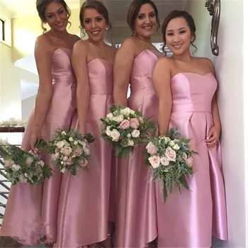 

Sexy Strapless Neck Tea Length Wedding Party Bridesmaid Dresses Custom Made