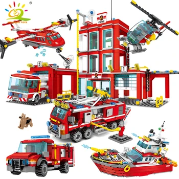 

HUIQIBAO TOYS Firefight Plane Ship Truck Building Blocks For Children City Resuce Fire station Firemen Figures Bricks