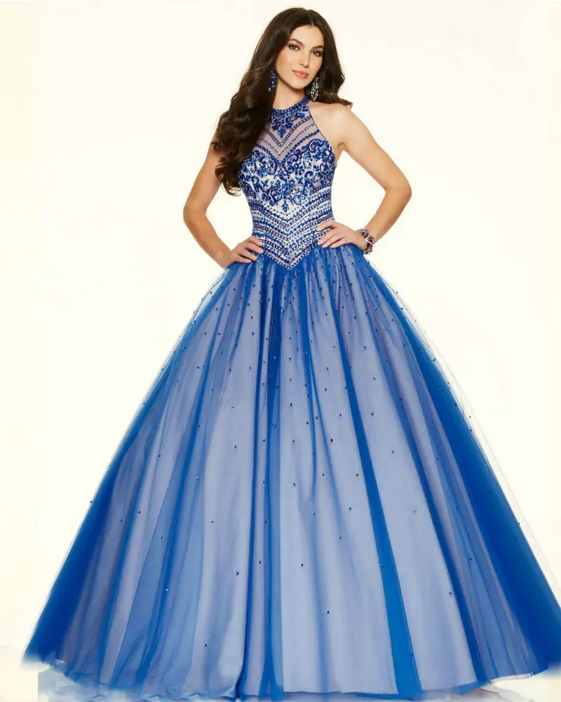 Aliexpress.com : Buy Style 98042 Long Blue Prom Dress Ball Gown Halter ...