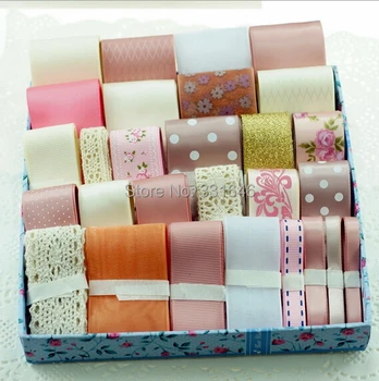 

2015NEW, 28M Diy handmade kids hair bows material accessory decoration ribbon cotton lace grosgrain/satin printed ribbon Set