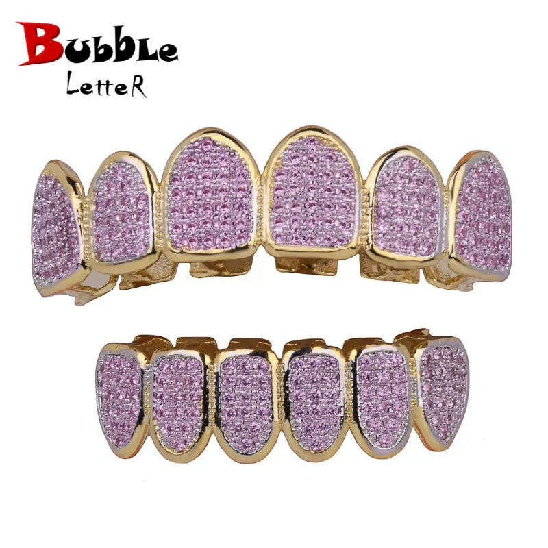 

Hip Hop teeth Grillz Iced Out AAA Pink Zircon Fang Mouth Teeth Caps Top & Bottom Tooth Set Men Women Grills Jewelry