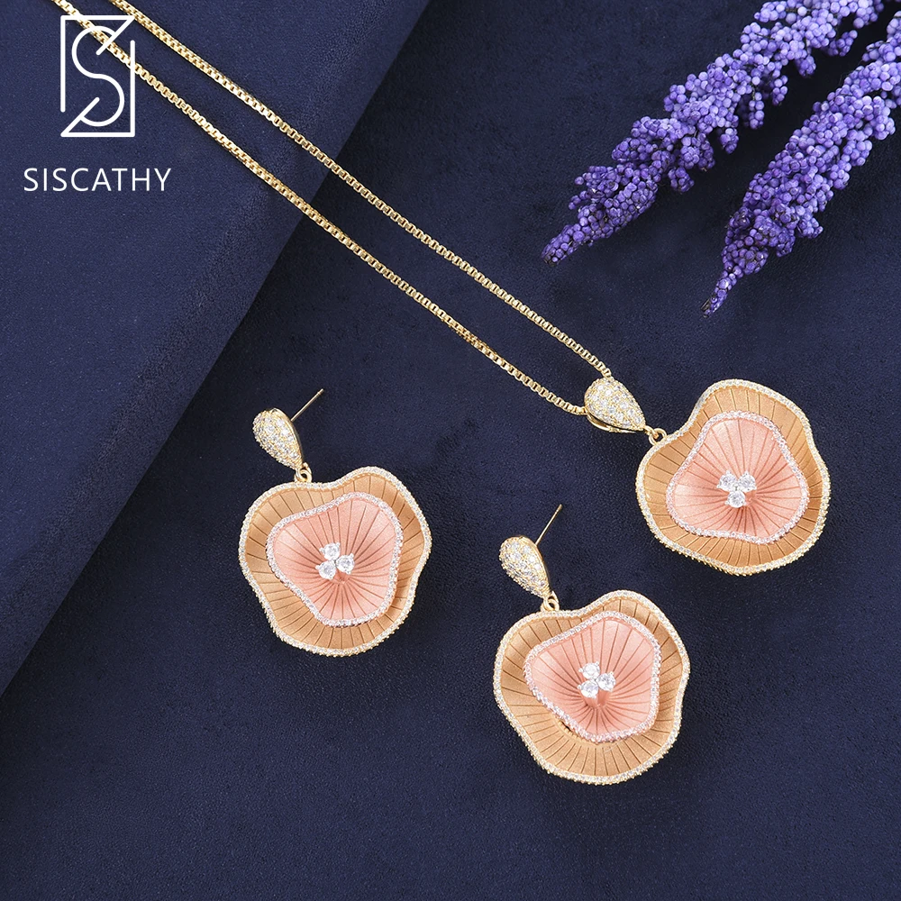 

SISCATHY Trendy Flowers Pendant long necklace Drop Dangle Earrings fashion jewelry set Wedding Jewelry Earrings For Women