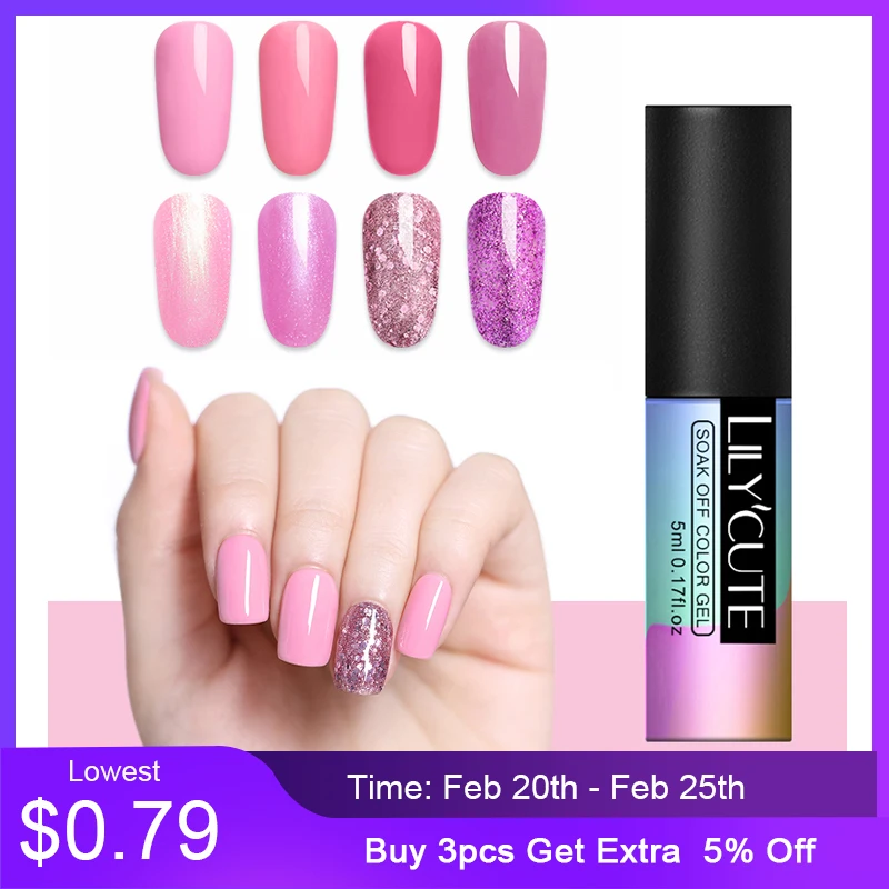 

LILYCUTE 5ml Pink Glitter UV Gel Nail Polish Semi-Permanent Pure Color Soak Off UV Gel Nail Art Polish Lacquer Varnish