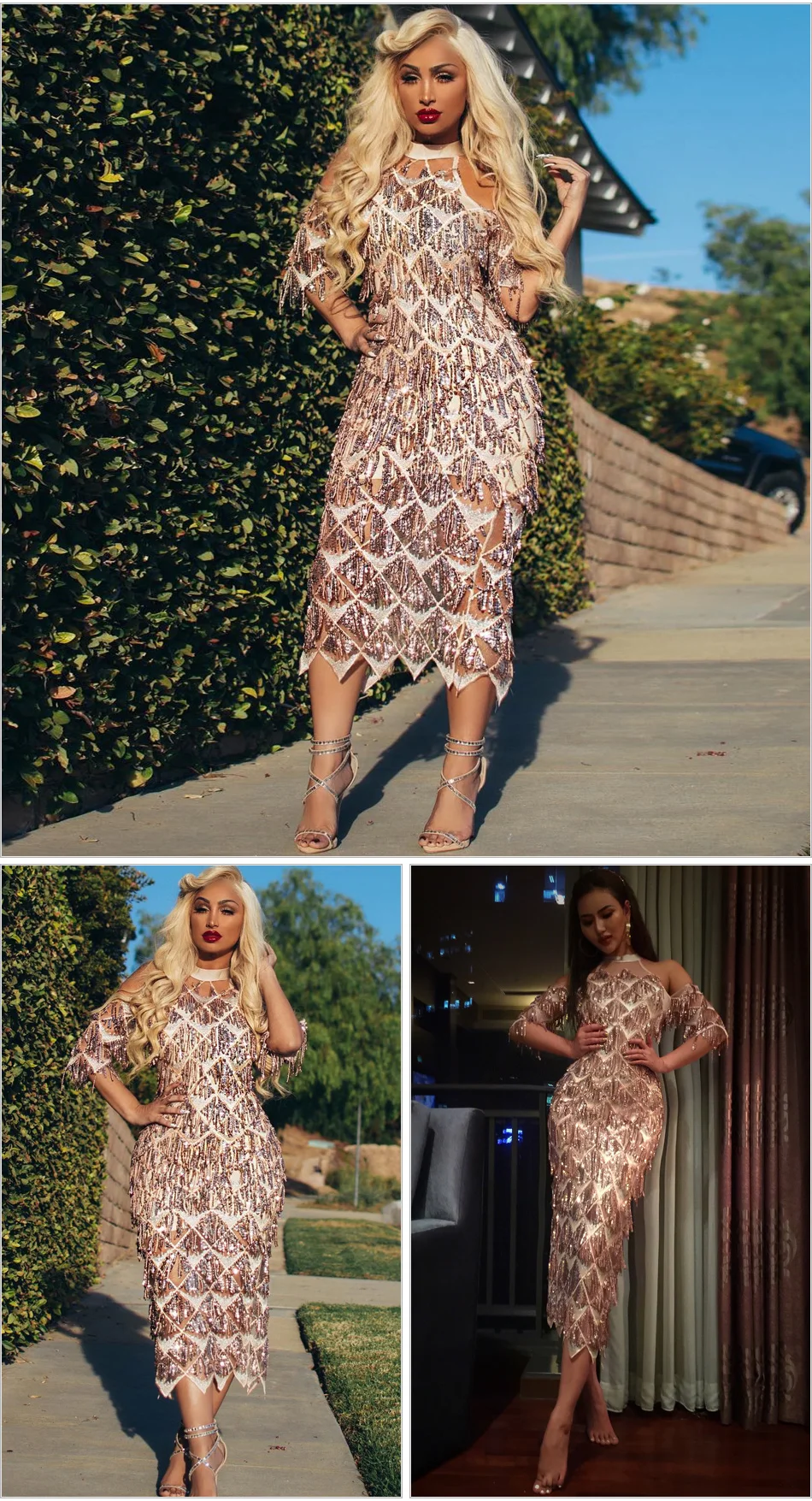 rose sequin tassel cold shoulder detail midi dress