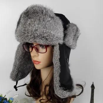 

Women Real Rabbit Fur Bomber Hats Fabric Cover Winter Warm Caps Fashion Ear Protector Headgear For Lovers LF4053