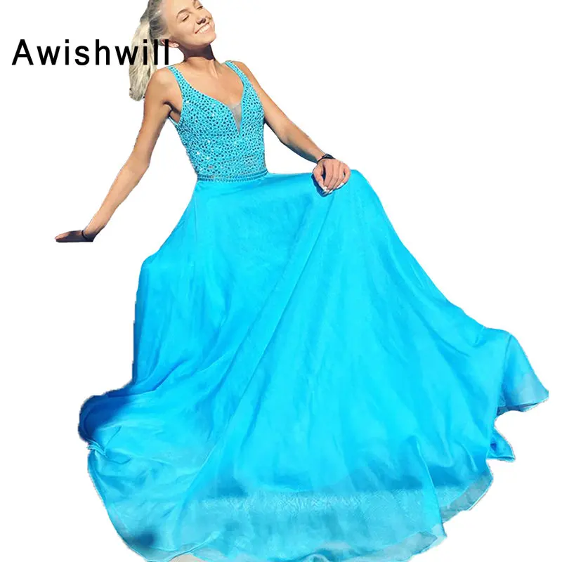 

Custom Made Cheap Beaded Long Prom Dresses V-neck Chiffon Backless Sexy Evening Gowns 2019 Women Vestido De Fiesta