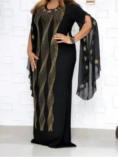 

New African Dresses for Women Slim-fit Fishtail Long Shiny Star Hot Drilling Lotus Leaf Sleeve