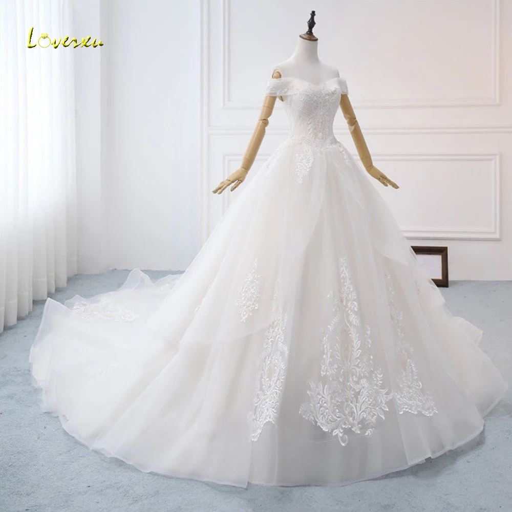 Loverxu Vestido De Noiva лодка средства ухода за кожей шеи принцесса свадебные платья 2019 Роскошные Аппликации бисером жемчуг Часовня Поезд линия