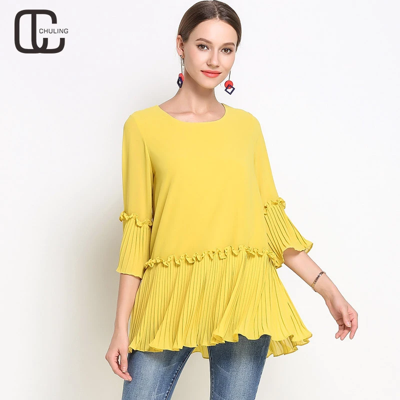 Summer Women's Black Yellow Chiffon Plus Size Casual Fold Blouse Female O-Neck Elegant Pleated Shirts Fashion Lady Tops 5XL |