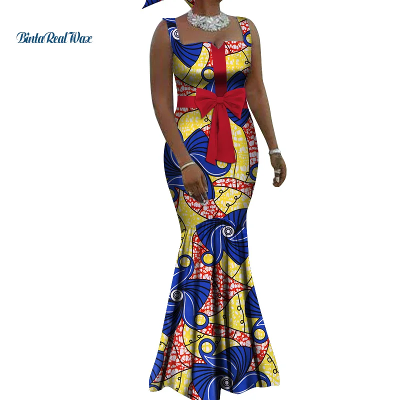 Платья с принтом в африканском стиле для женщин, длинные платья с бантом на ремешке, платья Bazin Riche, платье в африканском стиле, одежда WY3738