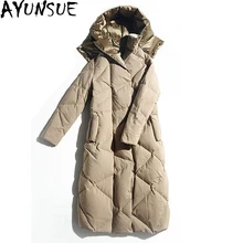 Высокое качество корейский Тонкий гусиный пух пальто утолщаются свободные женские зимние куртки с капюшоном Женский длинный пуховик Doudoune Femme ST374