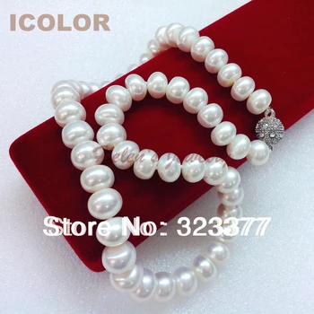 

High Luster 11-12MM Semiround White Freshwater Pearl Necklace.