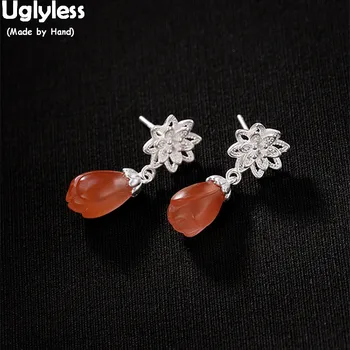 

Uglyless Luxury Natural Agate Magnolia Earrings for Women Handmade Real Solid 925 Silver Flowers Fine Jewelry Ethnic Earrings