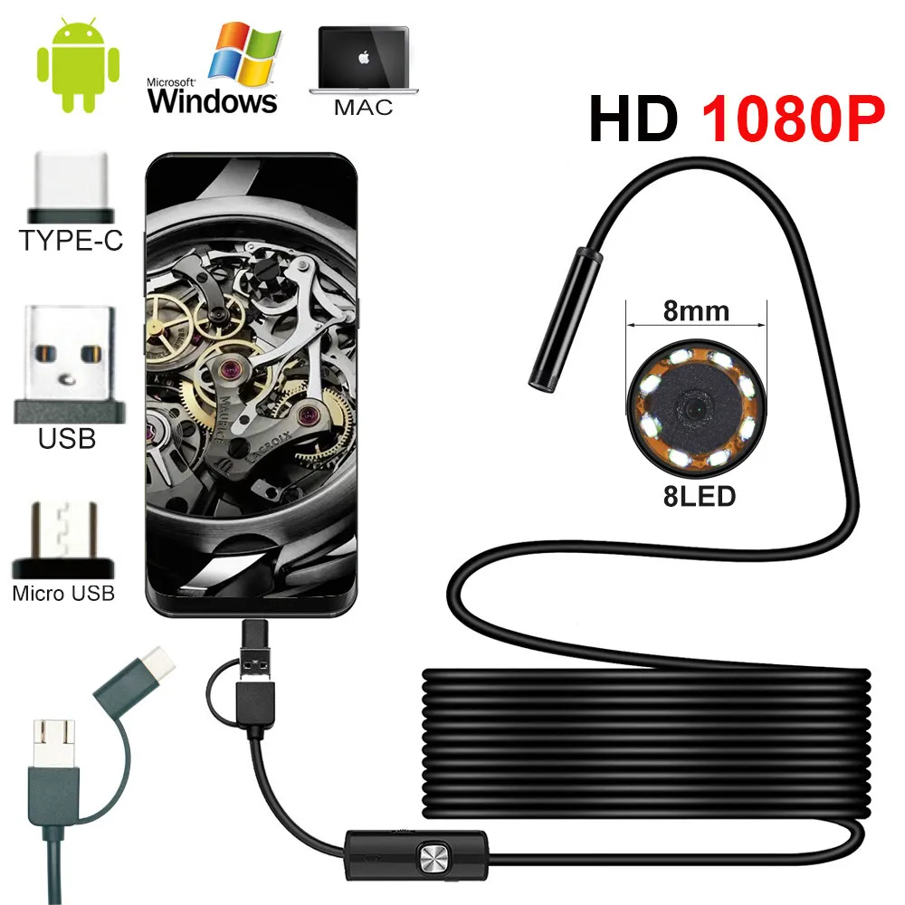 

8.0mm Endoscope Camera 1080P HD USB Endoscope with 8 LED 1/2/5M Cable Waterproof Inspection Borescope for Android PC