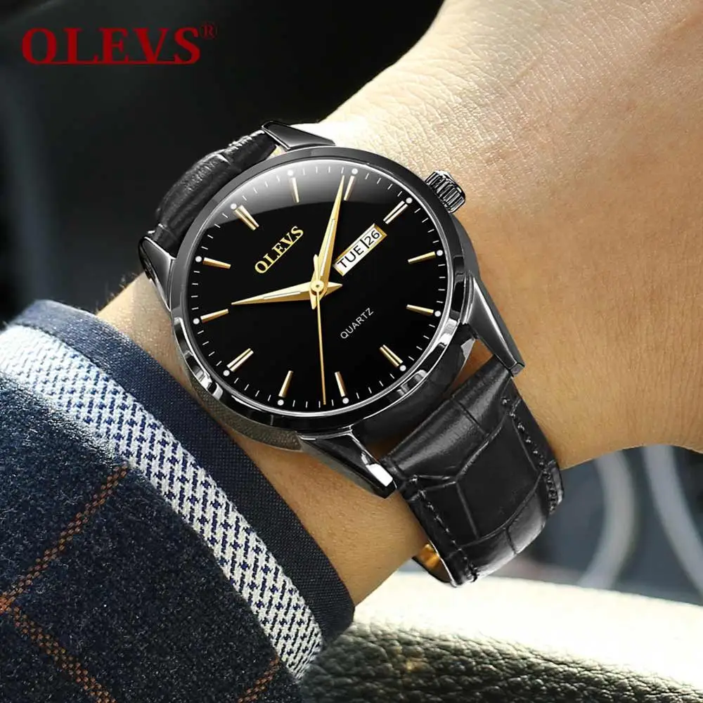 Для мужчин s часы лучший бренд класса люкс OLEVS модные часы для мужчин кожа кварцевые часы для мужчин Авто Дата Розовое золото корпус relogio masculino - Цвет: men watch black 5