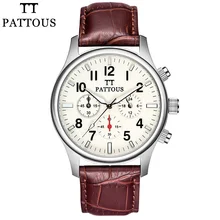 PATTOUS Brands Mens Dress Chronograph Wrist Watch Retro Brown Genuine Leather Best Mens Watches SII Time Module Quartz Watch