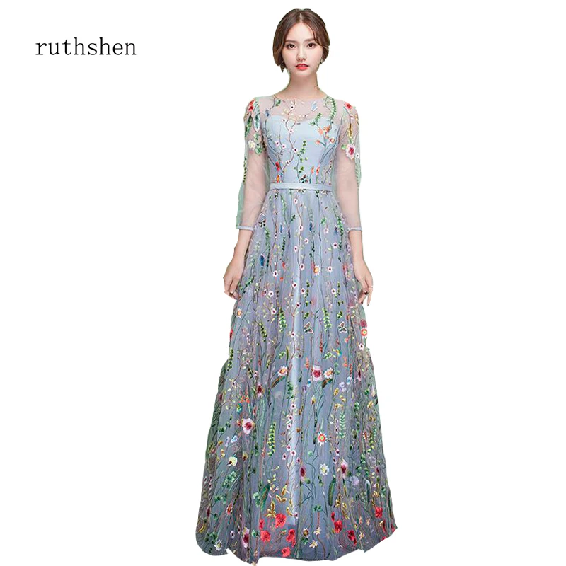 

ruthshen Hot Sale Black Tulle Embroidery Long Sleeves Women Slim Formal Prom Dresses Lace Up A-line Floor Length Party Gown