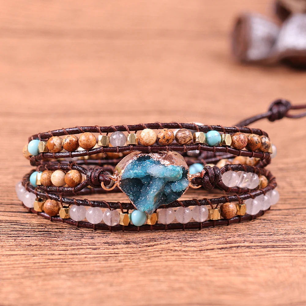 

Natural Stone Crystal Cluster Bracelet & Bangles Leather Multilayer Wrap Bracelet Hand-woven Bracelet Jewelry