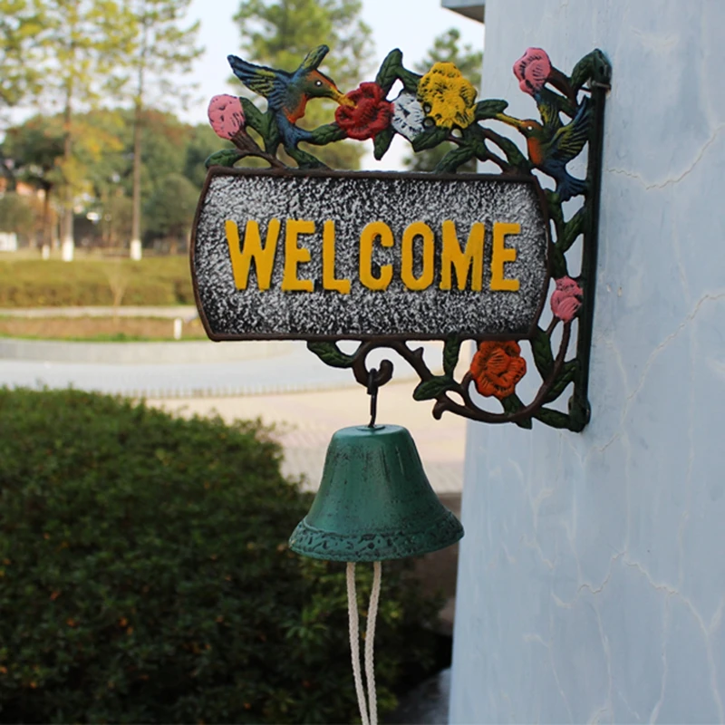 

European Hand Painted Color Hummingbird with Branch Flower Design Cast Iron Door Decor Welcome Plaques with Hanging Bell