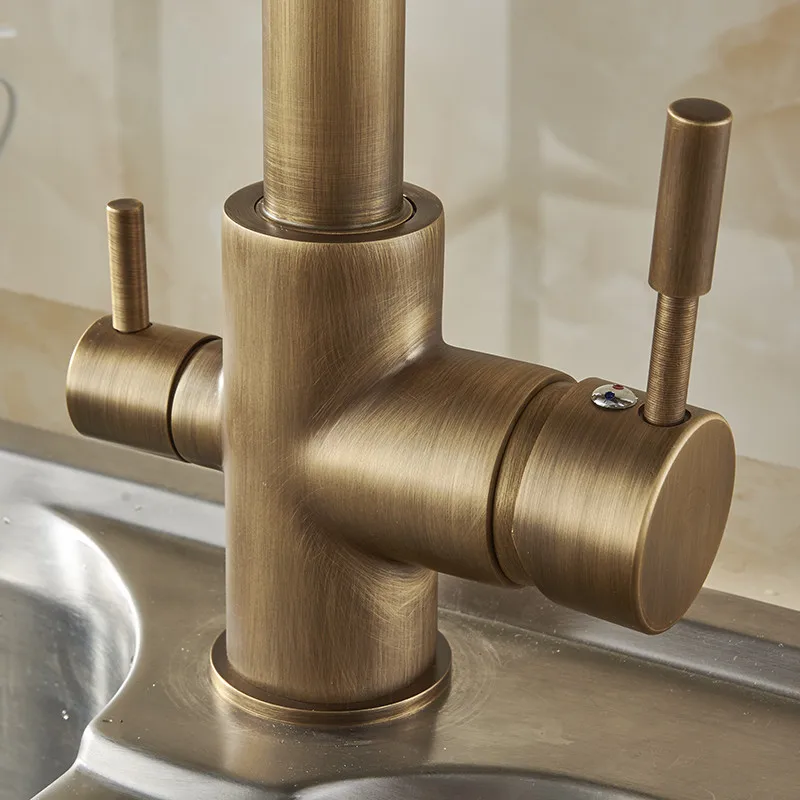 Kitchen Faucets Antique 3 Way Water Filter Taps Dual Handle Chrome Brass Crane High Arch Swivel Pur