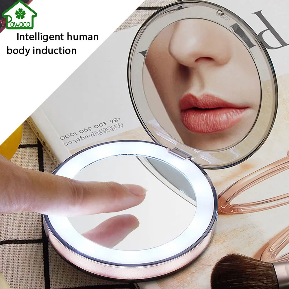 New LED Lighted Mini Makeup Mirror 10 LED Human Body Touch Sensor Fill