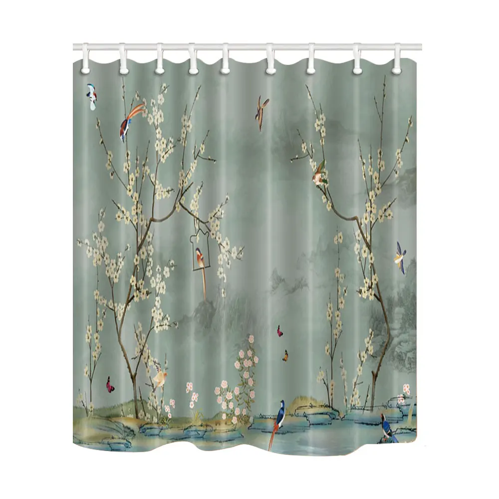 Flowers Bird Chinese Paint Art Design Shower Curtains Bath Screens Home Decor Polyester Fabric Waterproof Mildewproof with Hooks | Дом и сад
