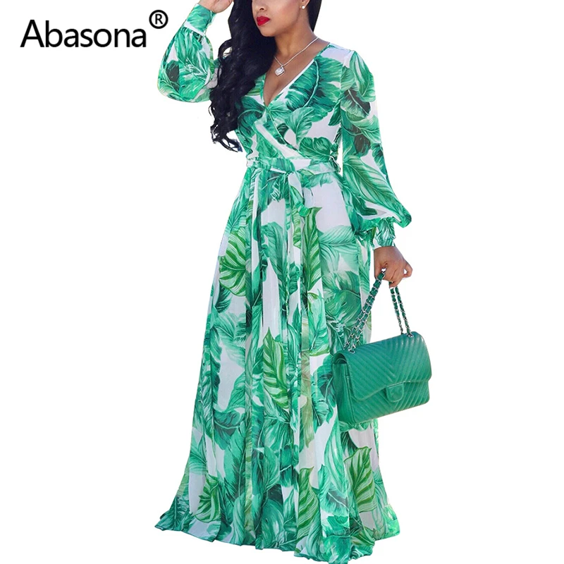 Abasona, шифоновое женское летнее длинное пляжное платье, цветочный принт, макси платье, большой подол, пояс, v-образный вырез, элегантные вечерние сексуальные платья для вечеринок - Цвет: Зеленый