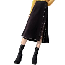 Pengpious зимняя трикотажная юбка с высокой талией и разрезом