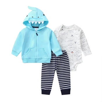 cartoon shark baby boy set long sleeve hooded coat blue+bodysuit+pants stripe 2020 spring fashion babies outfit newborn clothes 1