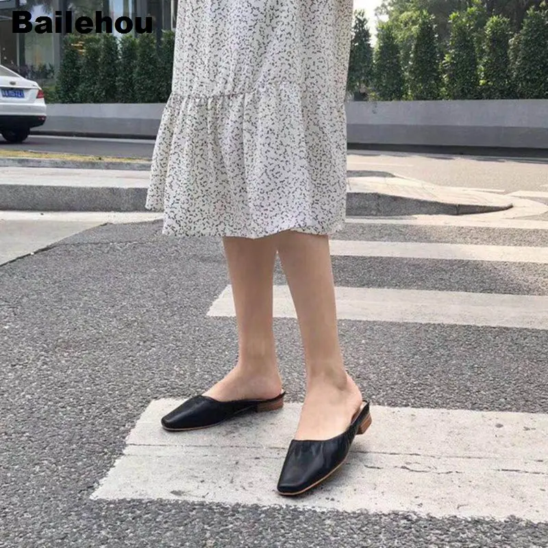 

New Women Slippers Soft PU Leather Mule Shoes Flat Heel Spring Slides Women Casual Shoes Pleated Ballerina Outside Slipper Shoes