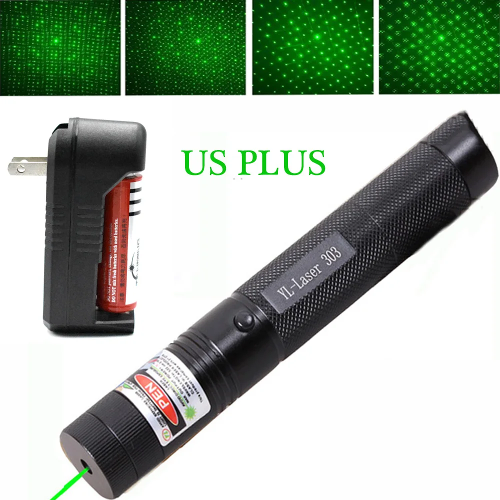 303 Green Laser Pointer Red Laser Blue Pointer Sight Powerful Device Adjustable Focus Lazer 303, Choose Charger& 18650 Battery - Color: Green laser US