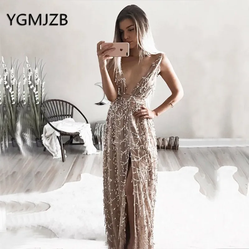 

Sparkly Sequin Champagne Evening Dresses 2019 Beach Deep V-Neck High Slit Long Prom Gown Women Formal Prom Gown Party Dress