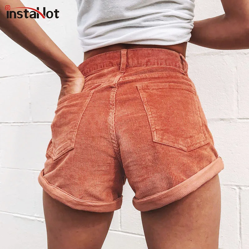 

InstaHot Brown Corduroy Pockets Shorts Women 2019 Summer Style Vintage Zipper Streetwear Solid Simple Fashion Shorts Female Slim