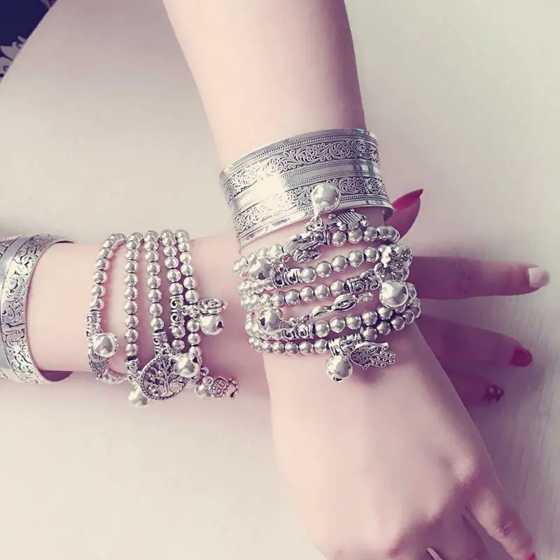 

Yumfeel Bohemian Vintage Tibetan Silver Plated Beads Bracelet Owl Elephant Charm Bracelets Jewelry