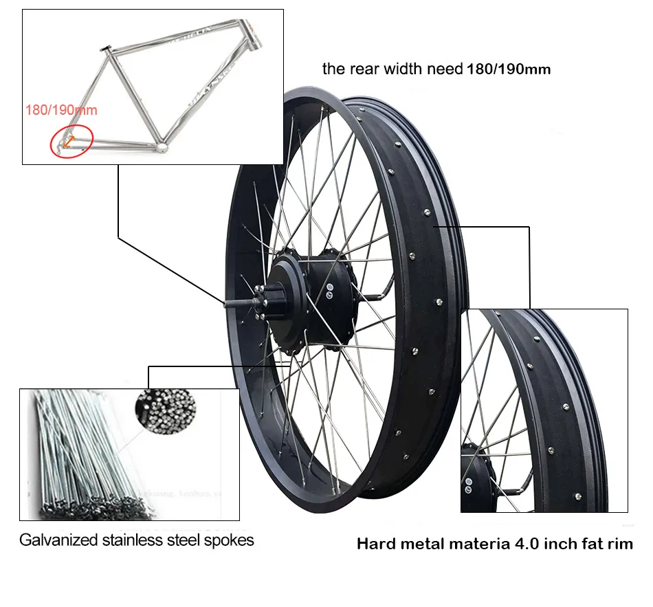 Clearance 26" 4.0 Fat Bike Electric Bike Conversion Kit with Lithium Battery 12/14/16ah 48V Fat Bike Rear Motor Wheel Electric Ebike Kit 6