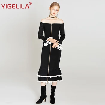 

YIGELILA 2019 Spring Women High Street Fashion Slash-Neck Empire Slim Flare Sleeve Mid-Calf Ruffles Solid Vintage Dress 63548