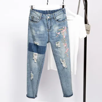 

Plus Size 5XL Floral Embroidery Boyfriend Ripped Jeans For Women Loose High Waist Slim Harem Pants Lace Up Hole Denim Pants A237