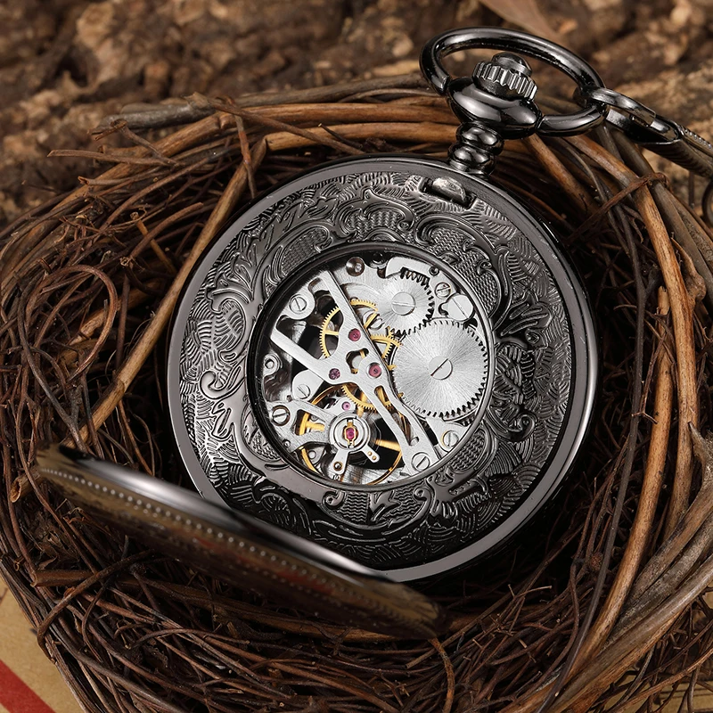 Flor e Padrão de Veados Cadeia de Cintura Retro Escultura Esqueleto Mecânica Pocket Ver Fob Dois Rosto Dial Vento Mão Homens Relógio Oco
