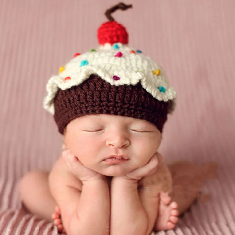 Crochet Knit Baby Hat Cake Design Lovely Newborn Baby Beanies Cap Handmade Photography Props Retail H101