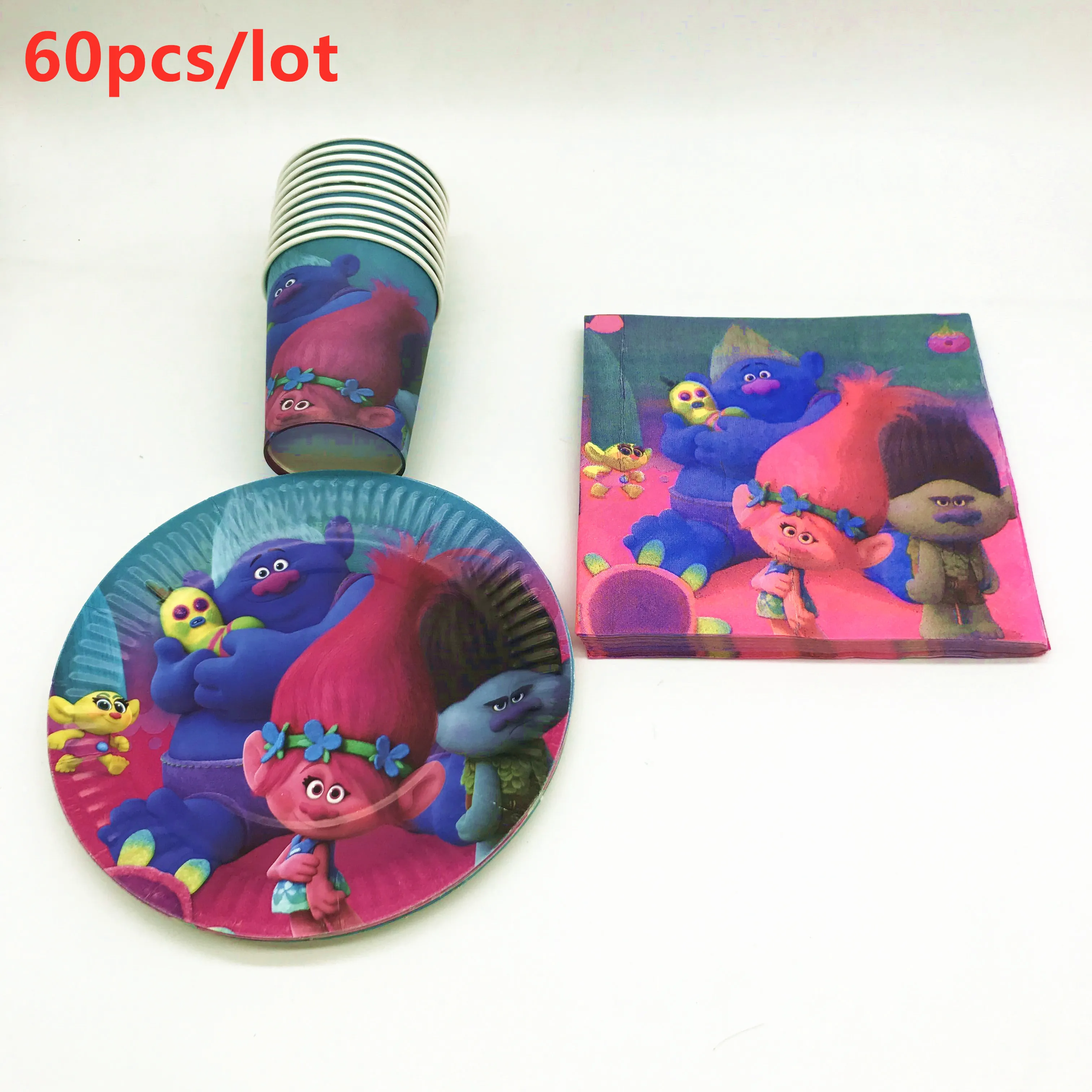 

60Pcs Trolls Theme Child Girls Boys Birthday Party Tableware Cup Plate Napkins Baby Shower Decoration For Family Party Supplies