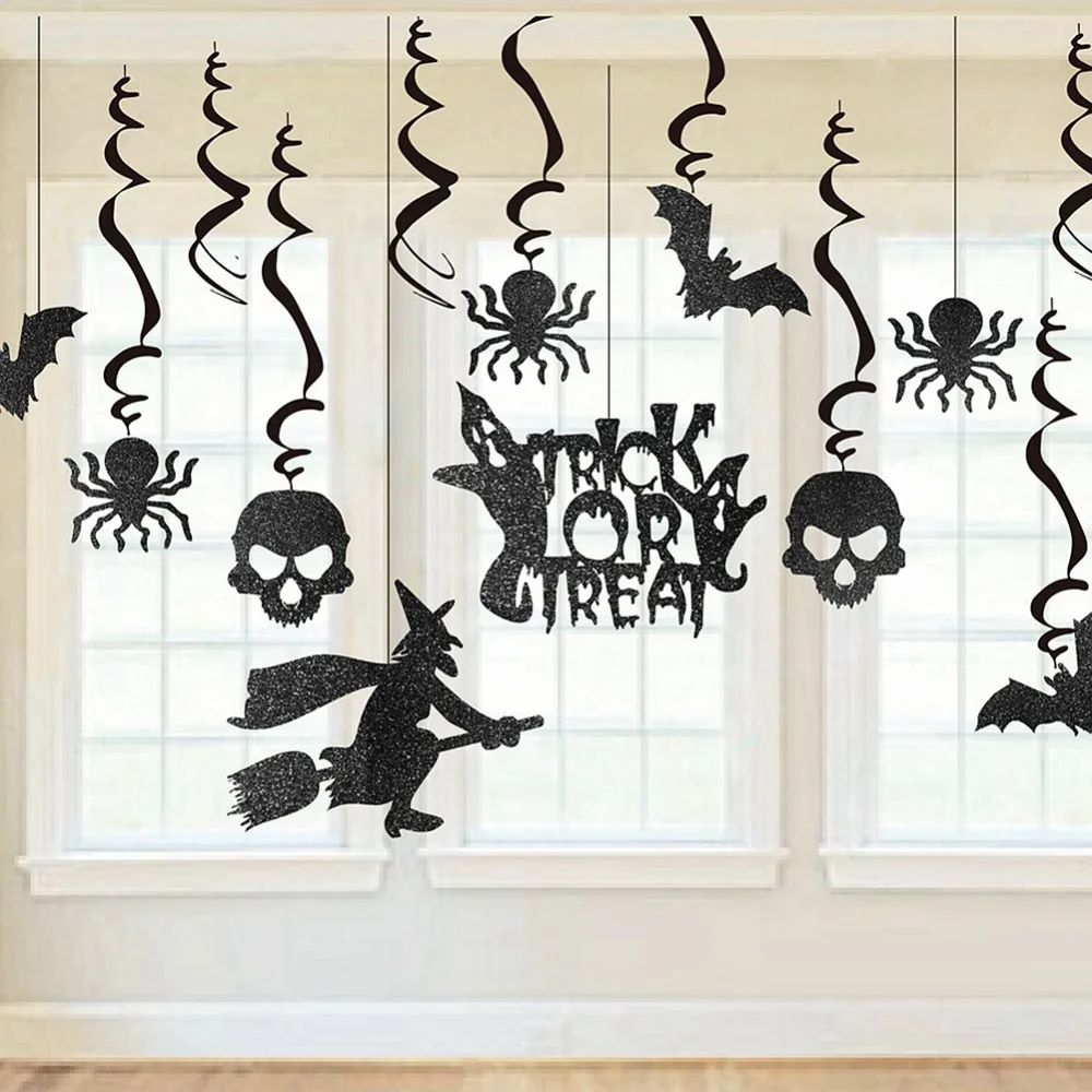 

13pcs/set Black Halloween Party Swirls Witches Bats Gosts Skeletons Spiders Swirl Ceiling Hanging Decoration Spirals Dark Styl