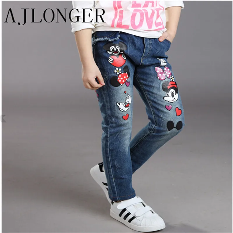 

New 2018 girls jeans cotton children long pants kids warm cartoon jeans wholesale and retail