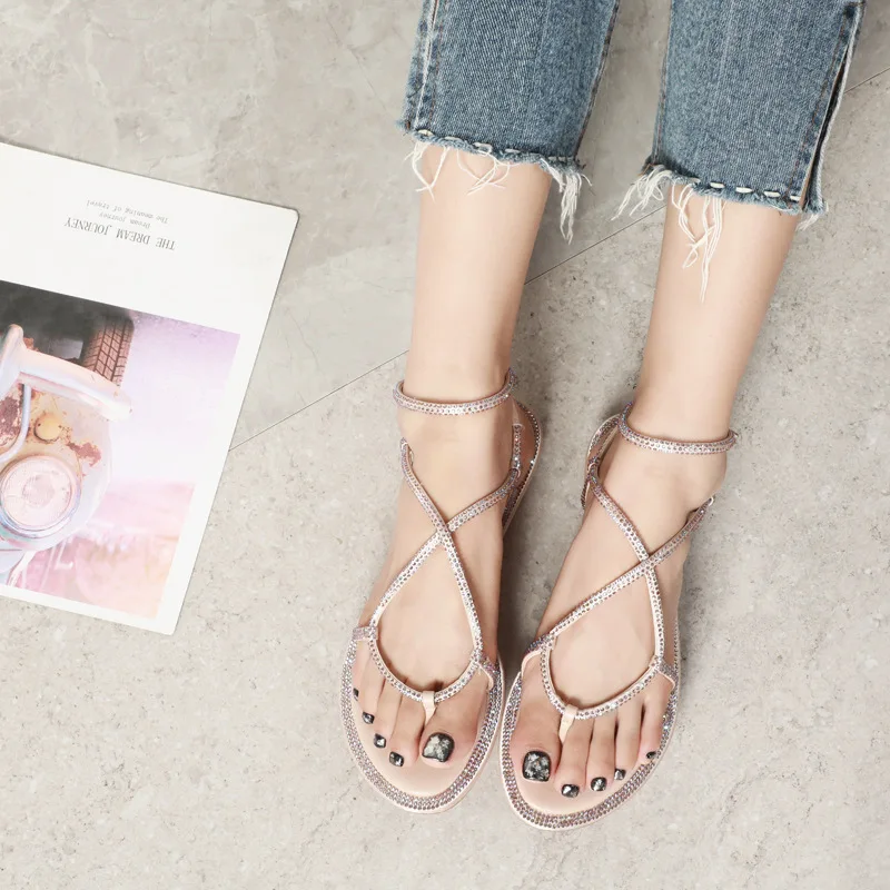 

2019 summer new style simple and simple solid color sandals women comfortable wild Roman style rhinestone decorative sandals
