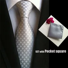 QXY mens fashion tie set pocket square men neckties silver grids stripes business polyester silk woven tie handkerchief T047