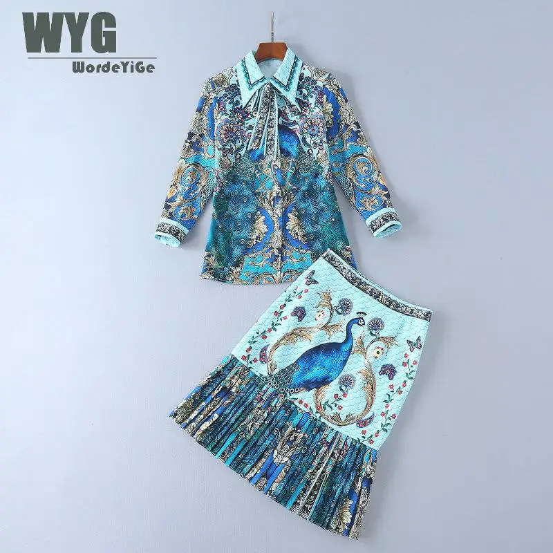 

WYG 2018 Spring Skirt Set High Quality Fashion Women Runway Peacock Print Long Sleeve Shirt + Ladies Bodycon Midi Mermaid Skirt